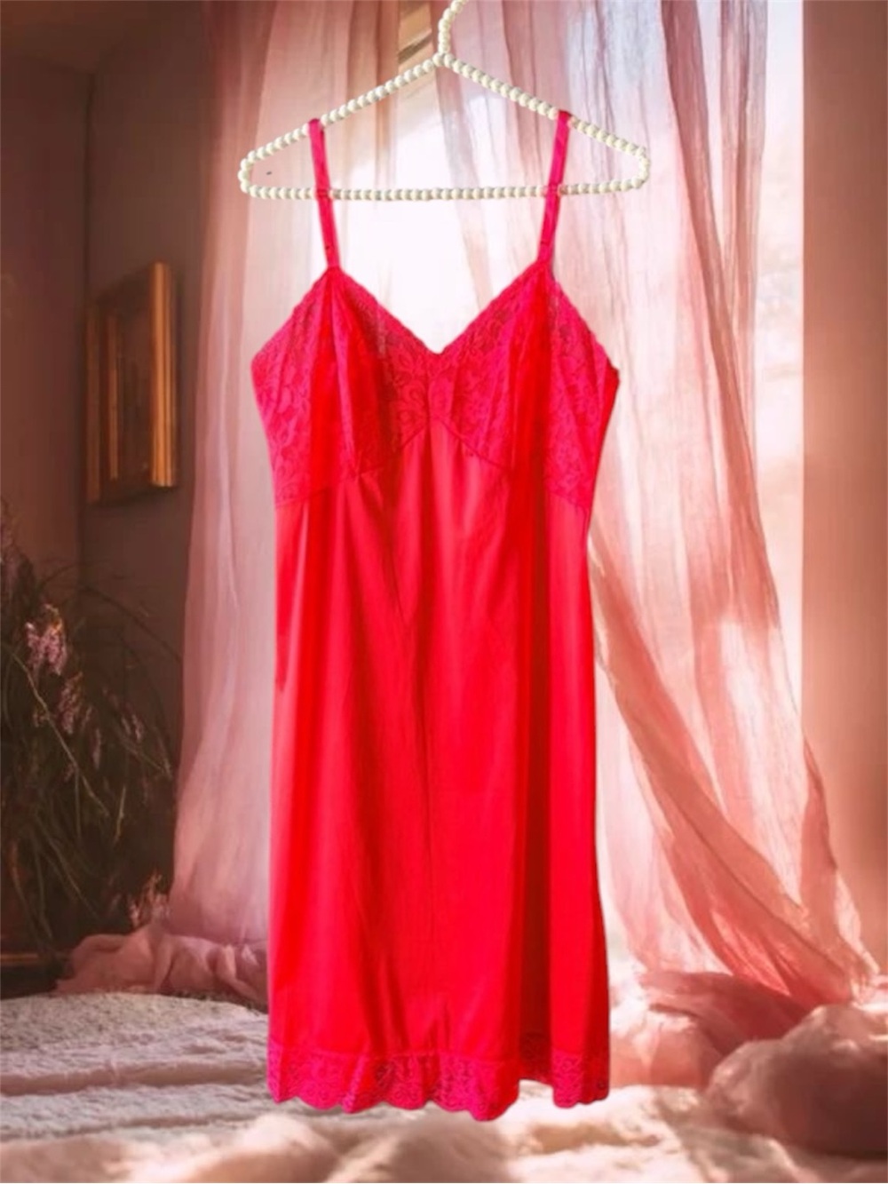 VTG Vanity Fair Red Lace Full Slip Size 36